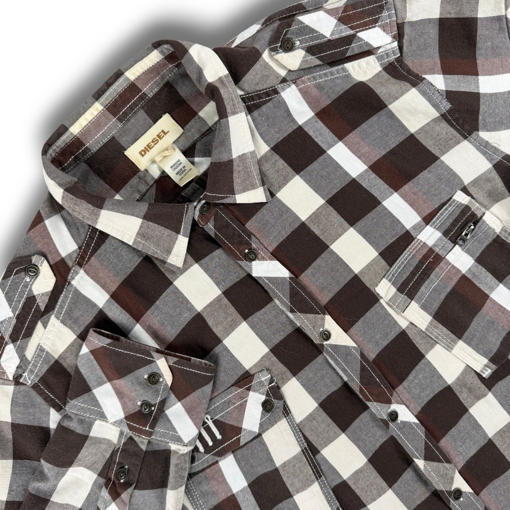 Diesel Shirt Men L Brown Plaid Military Style Epaulettes Long Sleeve Button Down
